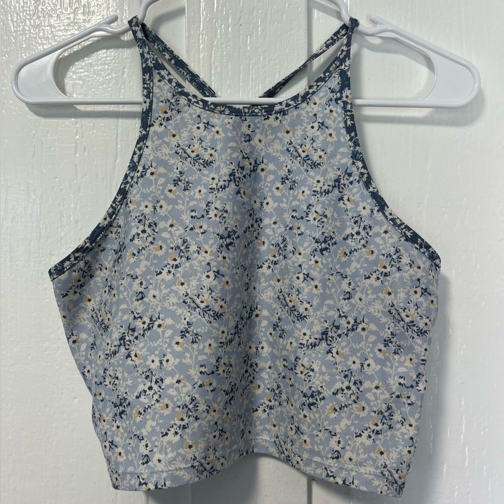 Women’s Light Blue Floral High-Neck Crop Top